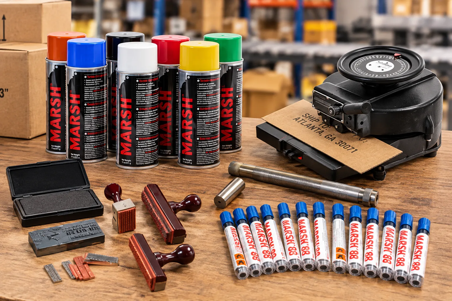 Industrial marking tools and supplies including Marsh spray marking inks, hand stamps, ink pads and marking pens