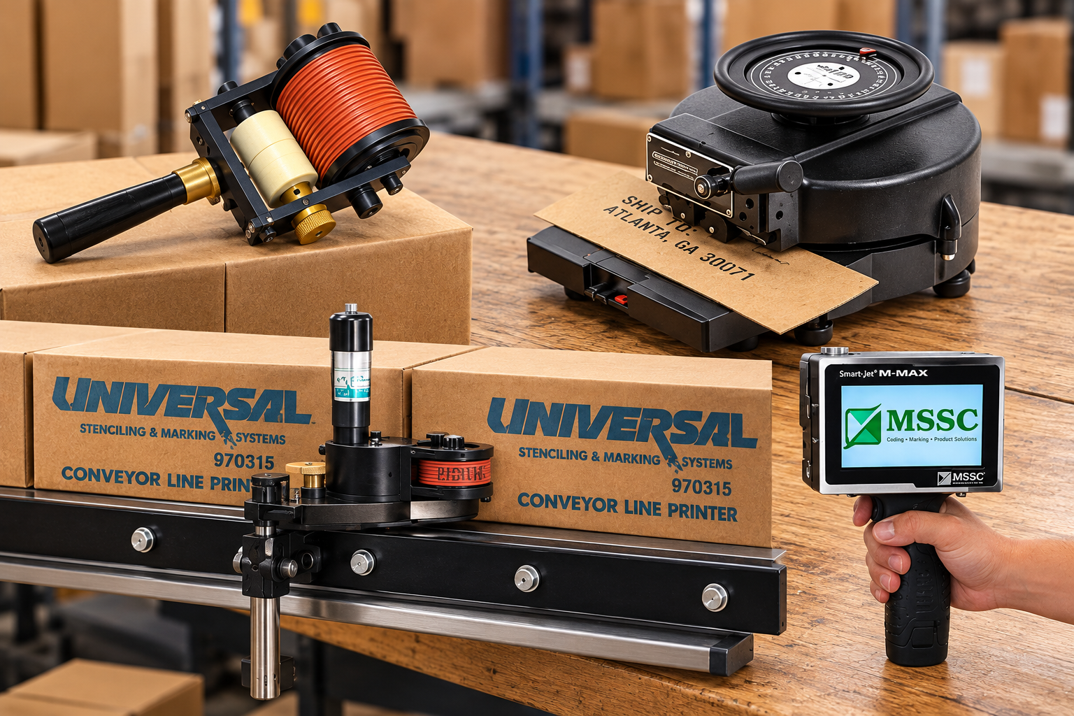 Repetitive marking equipment including a handheld roller marker, stencil marking equipment, conveyor contact coder and handheld inkjet printer